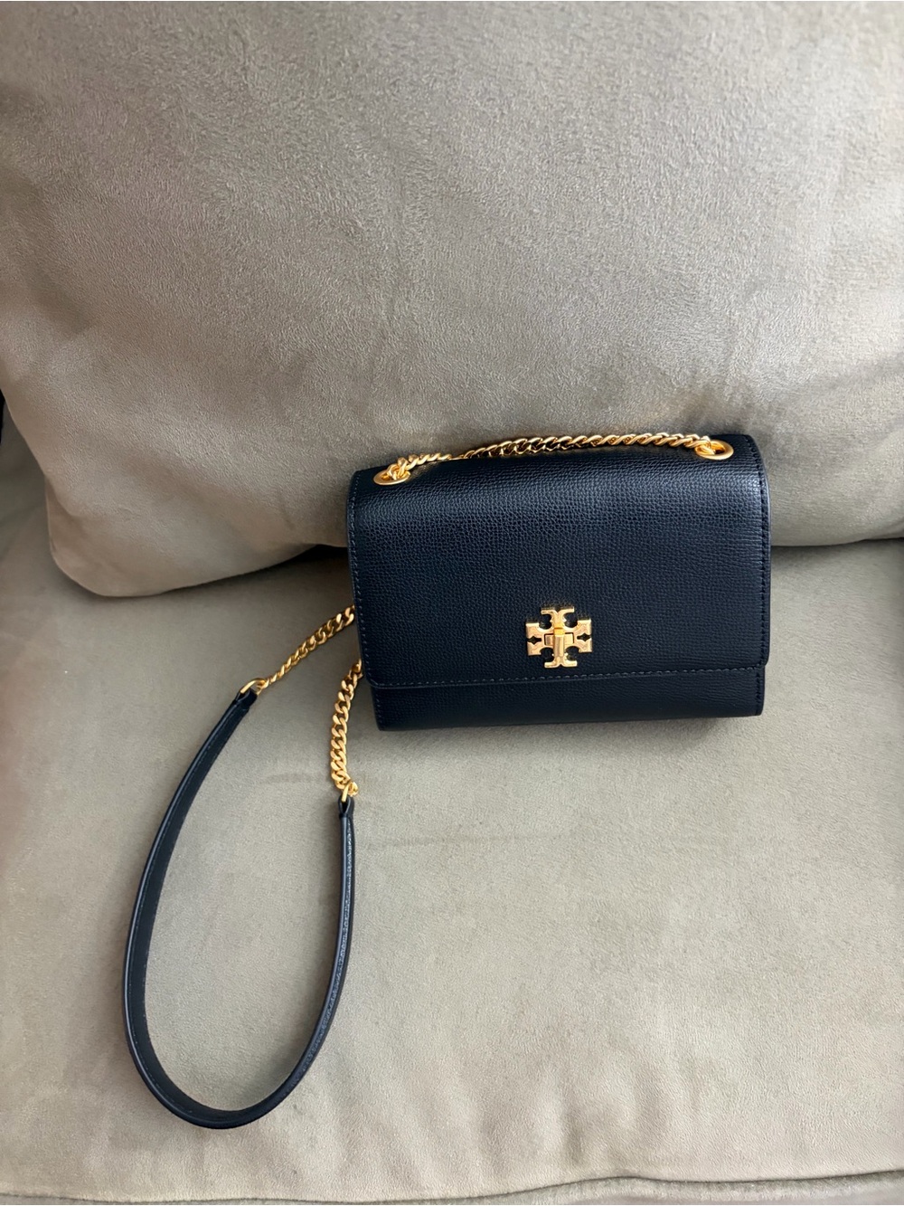 Tory Burch Black Leather Chain Crossbody with Gold Logo